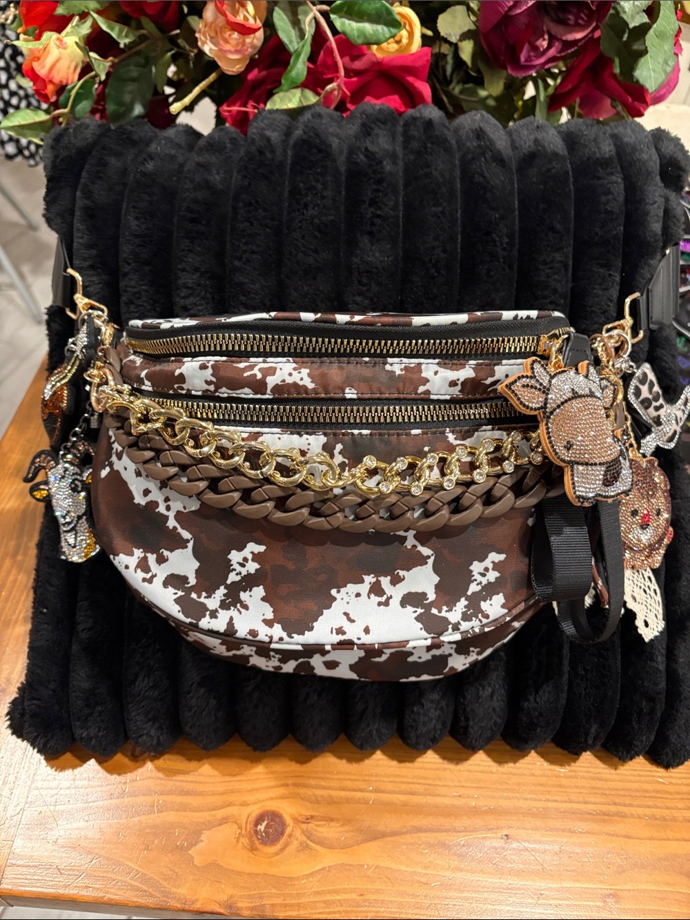 Stylish Brown & White Cowprint Crossbody Bag with Gold Chain Detail